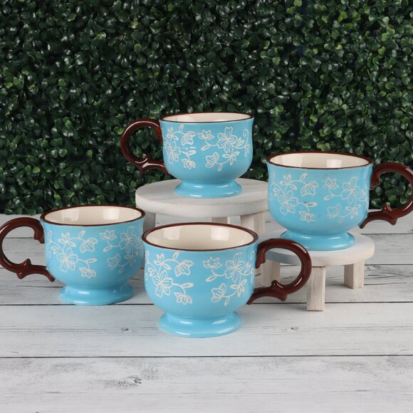 Tempt-ations Floral Lace Light Blue 10 oz Footed Tea Cups Set of 4 Rare Find! - Picture 2 of 8
